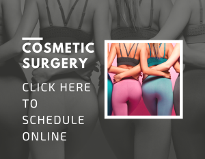 Image showing a group of women from behind, wearing leggings and showcasing their buttocks. Text overlay reads: 'Cosmetic Surgery, Click here to schedule online.' This image serves as a button for scheduling cosmetic surgery consultations online.