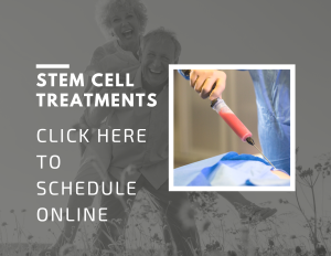 Close-up photo of our doctor holding a syringe of stem cells. Text overlay reads: 'Stem Cell Treatments, Click here to schedule online.' This image serves as a button for scheduling a stem cell treatment consultation online.